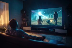 Guy sitting down watching a movie on flatscreen tv