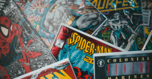 Comic book spread that includes an image of Spider Man.