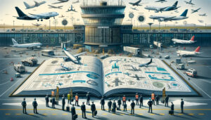 image depicting aviation regulations. It features a busy airport scene with airplanes, pilots, air traffic controllers, and a book of aviation regulations. The scene aims to convey the importance and complexity of aviation regulations in a professional and educational manner.