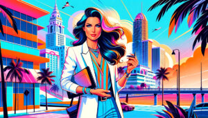 illustration depicting a Miami-based female tech entrepreneur Marcia Tiago, capturing the vibrant and stylish essence of Miami.