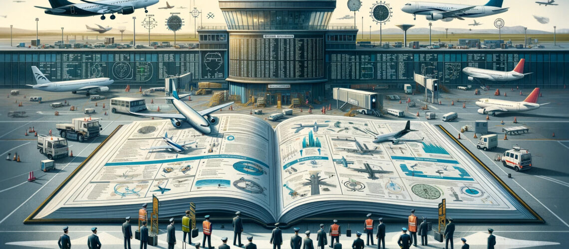 image depicting aviation regulations. It features a busy airport scene with airplanes, pilots, air traffic controllers, and a book of aviation regulations. The scene aims to convey the importance and complexity of aviation regulations in a professional and educational manner.