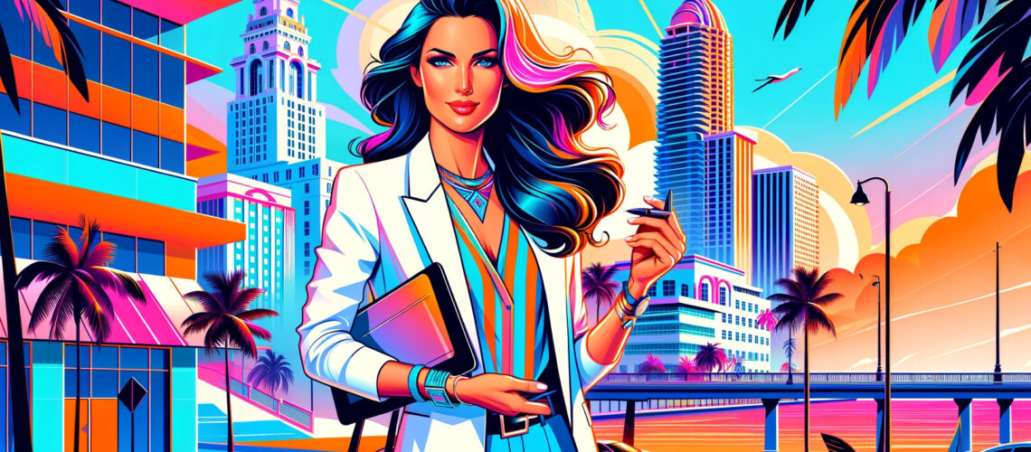 illustration depicting a Miami-based female tech entrepreneur Marcia Tiago, capturing the vibrant and stylish essence of Miami.